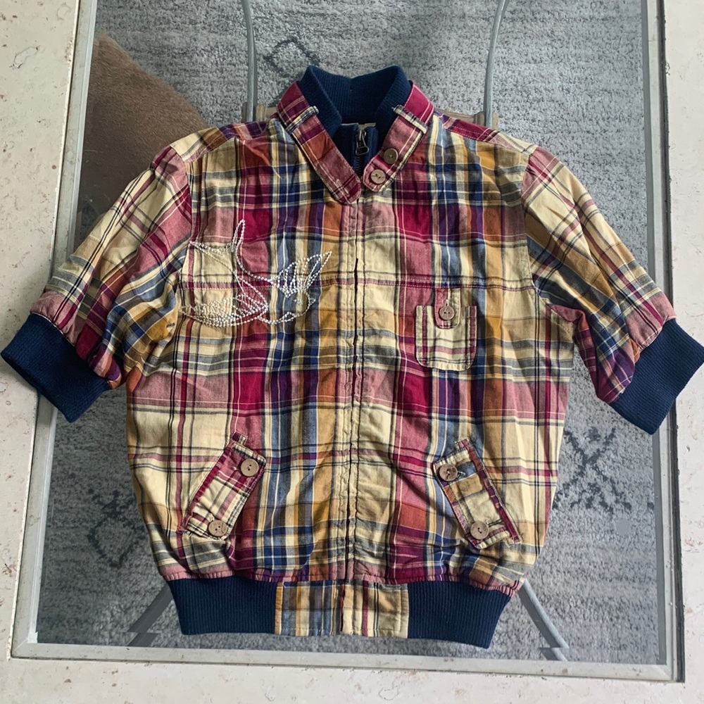 NICK AND MO Plaid Jacket with Navy Accents & Embroidered Sparrow S